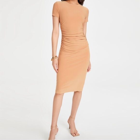 Norma Kamali Kamali Kulture Crew Neck Shirred Midi Bodycon Dress in Tan Size S - Picture 1 of 12